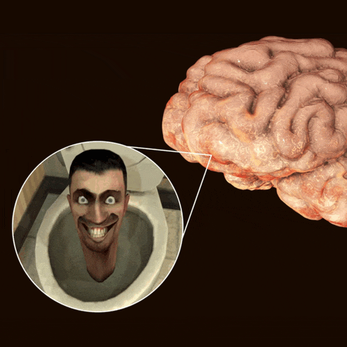 a picture of a man 's head in a toilet next to a brain