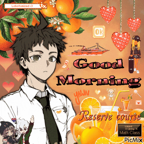 a picture of a boy with orange slices and the words good morning on it