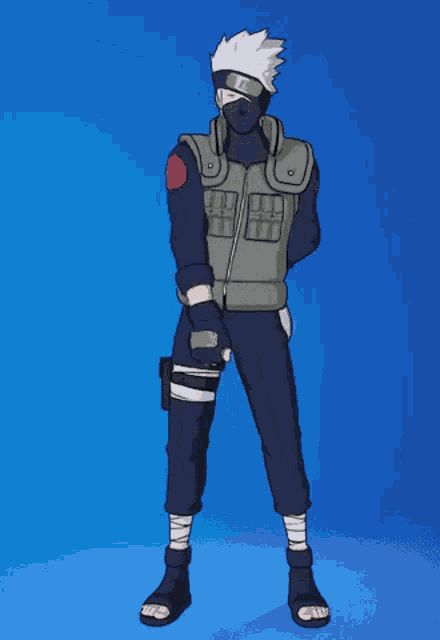 a cartoon character with a mask on his face is standing on a blue background