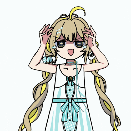 a cartoon drawing of a girl with long blonde hair and a blue and white dress