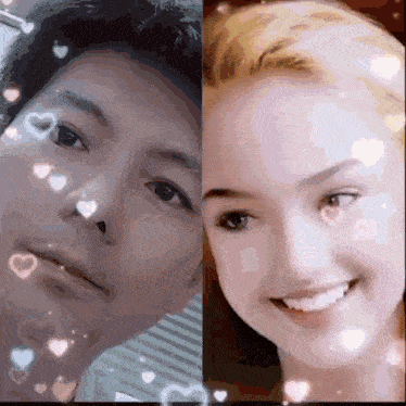 a man and a woman are looking at each other with hearts around their faces