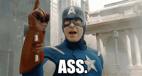 a man in a captain america costume is pointing up and says ass