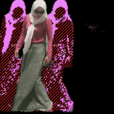 a woman wearing a hijab and sunglasses stands in front of a pink and black striped background