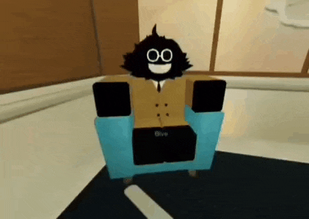 a cartoon character is sitting in a chair with a black face .