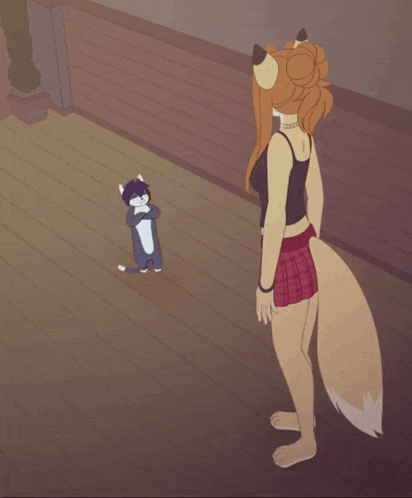 a cartoon of a woman standing next to a cat on a deck