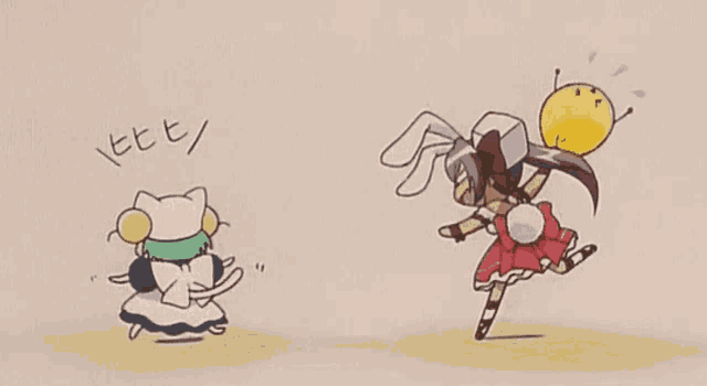 a cartoon drawing of a cat and a rabbit fighting