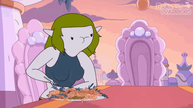a cartoon of a woman sitting at a table with a plate of food and the words bravest warriors on the bottom right