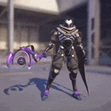 a video game character is standing on a street holding a purple sword .