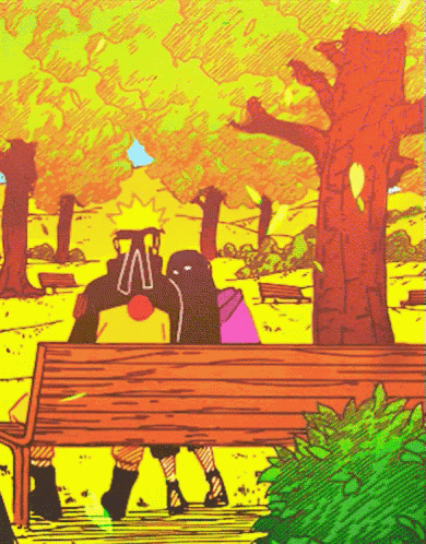 a cartoon drawing of a couple sitting on a bench in a park