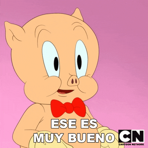 a cartoon pig with a red bow tie and the words ese es muy bueno