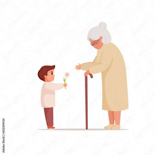 a little boy is giving an elderly woman a flower .