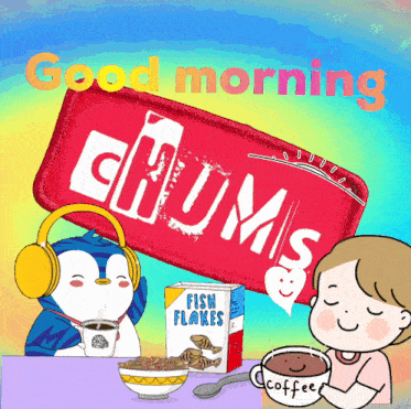 a penguin and a girl are sitting at a table with a box of chums fish flakes in front of them