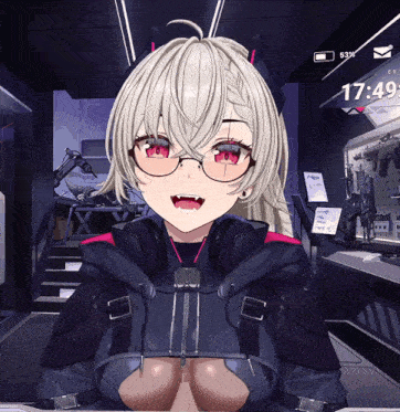 a girl with white hair and red eyes is wearing glasses and a crop top