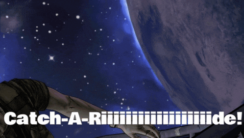 a cartoon of a man in space with the words catch-a-ride