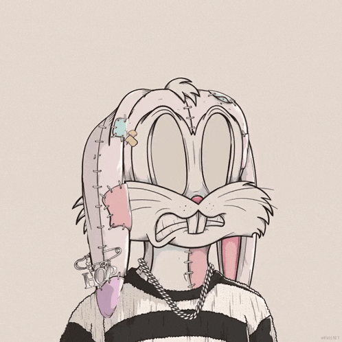 a drawing of bugs bunny wearing a striped sweater and a bracelet that says hop