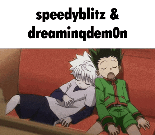 two anime characters sleeping on a couch with the words speedyblitz and dreamingdemon written above them