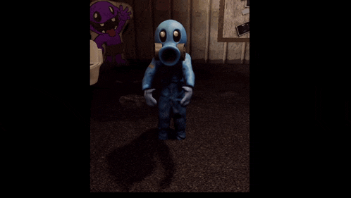 a blue cartoon character with a gas mask on stands in a dark room