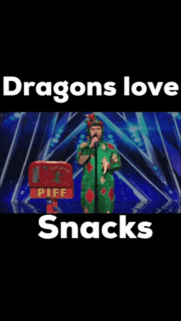 a man in a dragon costume sings into a microphone while holding a banana and a sign that says piff snacks