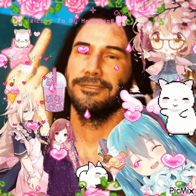 a picture of keanu reeves is surrounded by anime girls and flowers