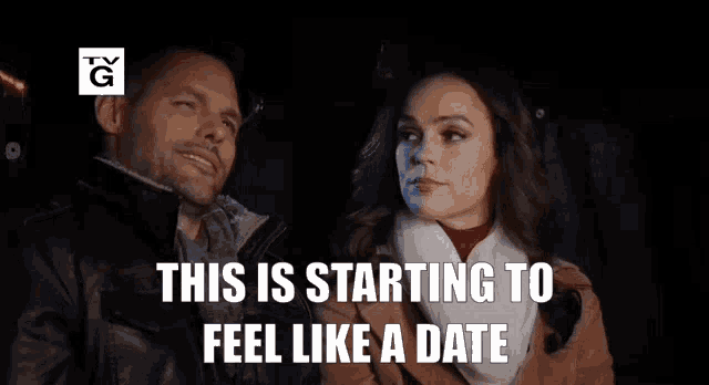 a man and a woman are sitting next to each other with the words this is starting to feel like a date above them