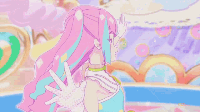 a girl with pink and blue hair is wearing a white shirt and a bow tie