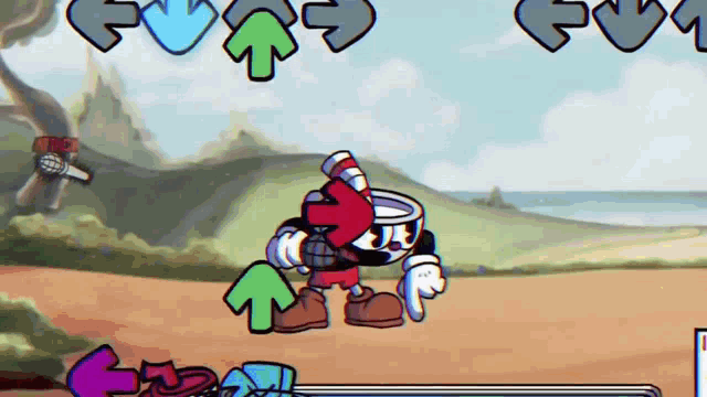 cuphead is a cartoon character in a video game with arrows pointing up and down .