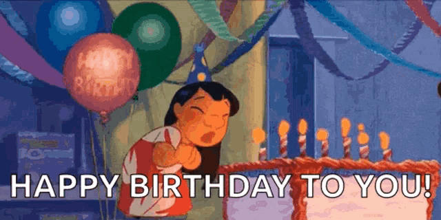 a cartoon of a girl blowing out candles on a birthday cake and saying `` happy birthday to you '' .