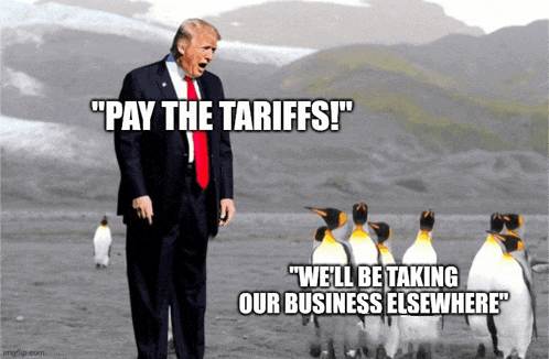 donald trump stands in front of a group of penguins and says " pay the tariffs ! "