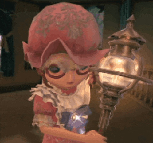 a cartoon girl wearing a pink hat and goggles is holding a lantern .