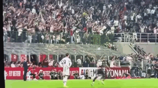 a soccer player with the number 9 on his jersey is running on the field .
