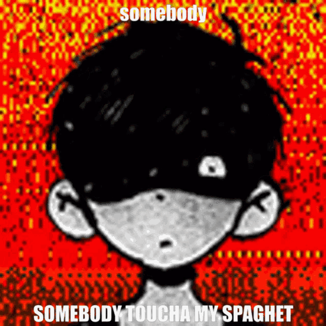 a black and white drawing of a boy with the words somebody toucha my spaghetti