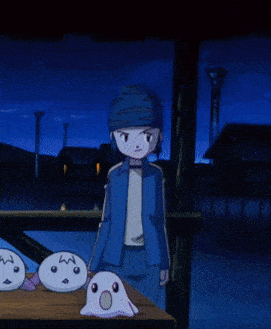 a boy in a blue jacket stands next to a purple monster with spikes