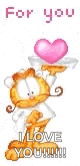 garfield is holding a pink heart on a tray and says `` for you i love you !!! ''