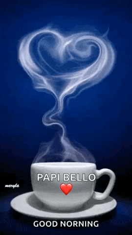 a cup of coffee with smoke in the shape of a heart and the words papi bello on it