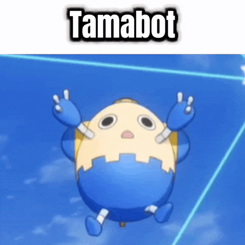 a cartoon character with the name tamabot on top