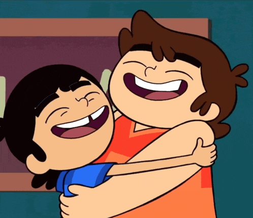 a couple of cartoon characters hugging each other and smiling