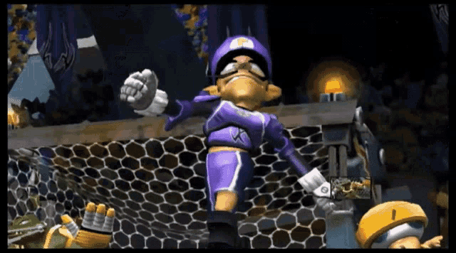 a cartoon character wearing a purple uniform with the letter x on the front