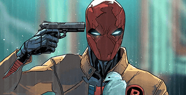 a comic book character holding a gun to his head with the letter r on his jacket