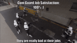 a group of soldiers are running down a street with the caption cum guard job satisfaction 100 %
