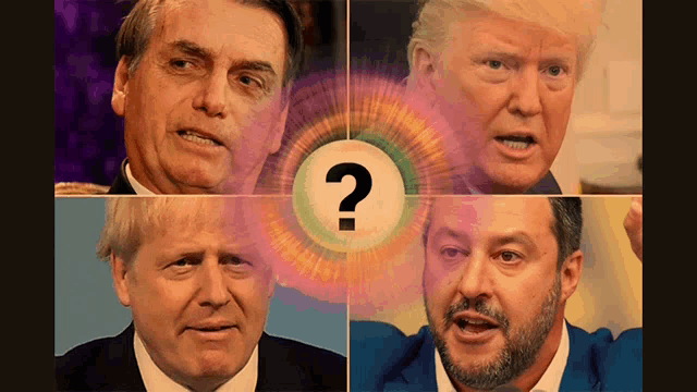a collage of four men with a question mark in the center