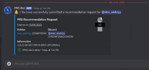 a screenshot of the prs bot app showing a recommendation request