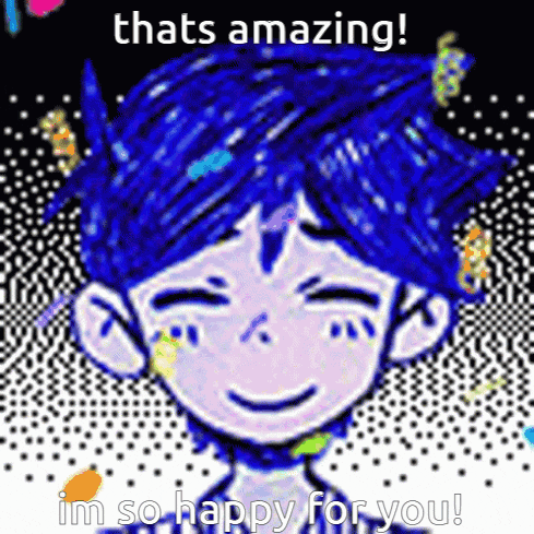 a cartoon character with blue hair is smiling and says `` that 's amazing ! i 'm so happy for you '' .