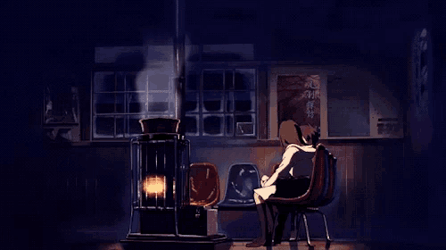a cartoon of a girl sitting in front of a stove