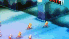 a group of cartoon characters are walking in a line in front of an exit sign .