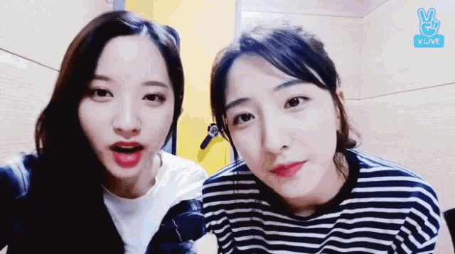 two girls are standing next to each other and looking at the camera . one of the girls is wearing a striped shirt .