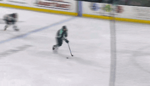 a hockey player in a green jersey is holding a stick in front of a fence