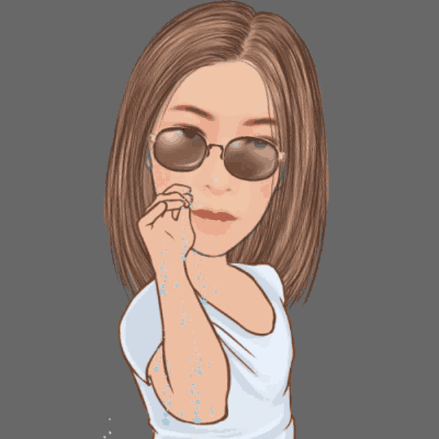 a cartoon of a woman wearing sunglasses waves her hand