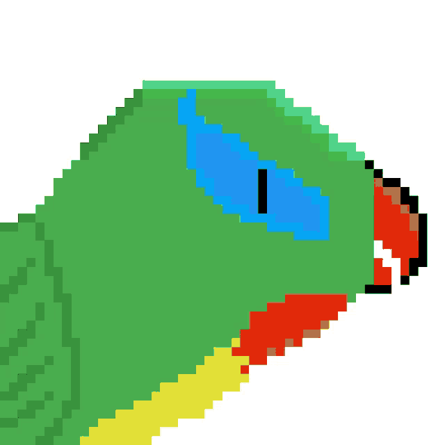 a pixel art of a green bird with blue eyes and a red beak