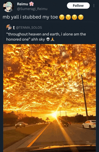 a twitter post by reimu shows a sunset over a highway