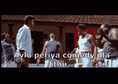 a group of men are standing in front of a building with the words avlo periya comedy illa ithu ..